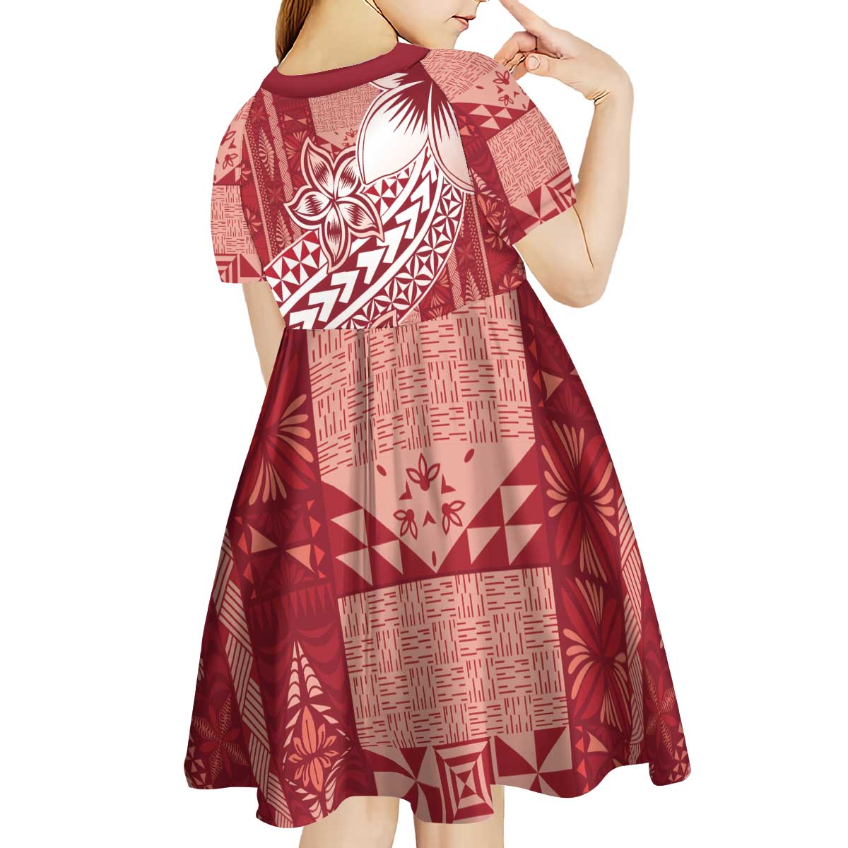Tonga Kupesi Ngatu Kid Short Sleeve Dress Vintage Red Plumeria