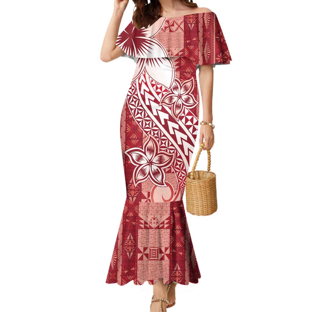 Tonga Kupesi Ngatu Mermaid Dress Vintage Red Plumeria LT05 Women Red - Polynesian Pride