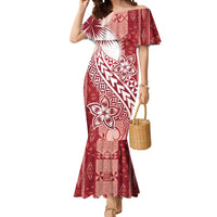 Tonga Kupesi Ngatu Mermaid Dress Vintage Red Plumeria LT05 Women Red - Polynesian Pride