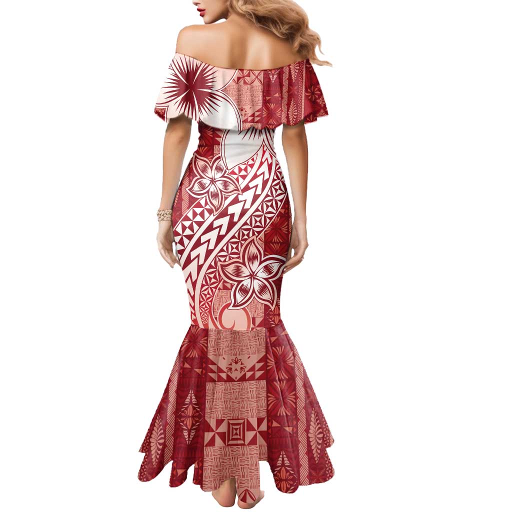 Tonga Kupesi Ngatu Mermaid Dress Vintage Red Plumeria LT05 - Polynesian Pride