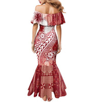 Tonga Kupesi Ngatu Mermaid Dress Vintage Red Plumeria LT05 - Polynesian Pride