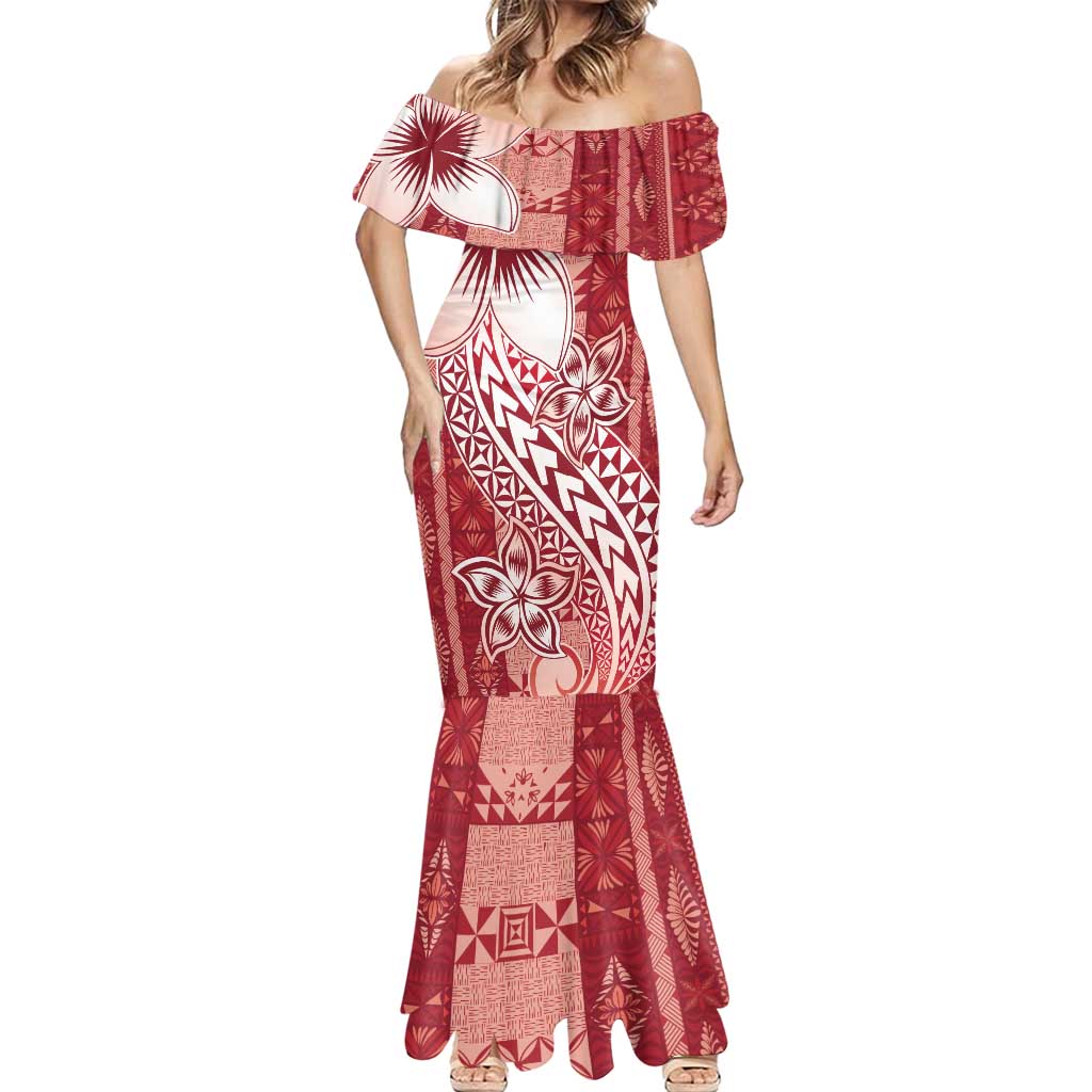 Tonga Kupesi Ngatu Mermaid Dress Vintage Red Plumeria LT05 - Polynesian Pride