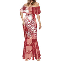 Tonga Kupesi Ngatu Mermaid Dress Vintage Red Plumeria LT05 - Polynesian Pride