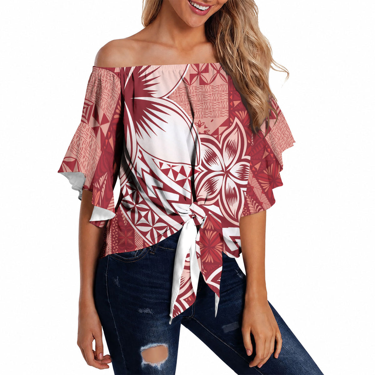 Tonga Kupesi Ngatu Off Shoulder Wrap Waist Top Vintage Red Plumeria LT05 - Polynesian Pride