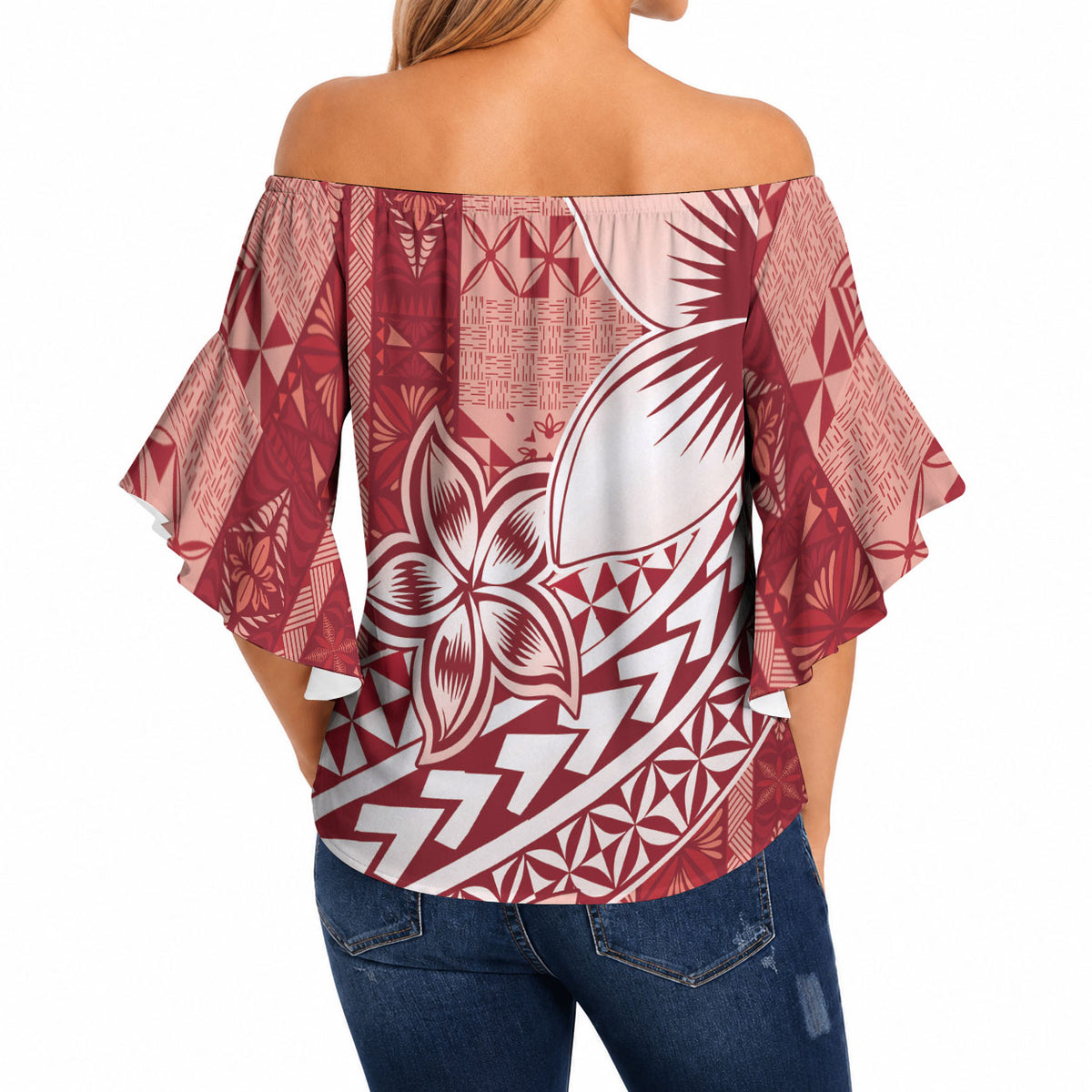 Tonga Kupesi Ngatu Off Shoulder Wrap Waist Top Vintage Red Plumeria LT05 - Polynesian Pride