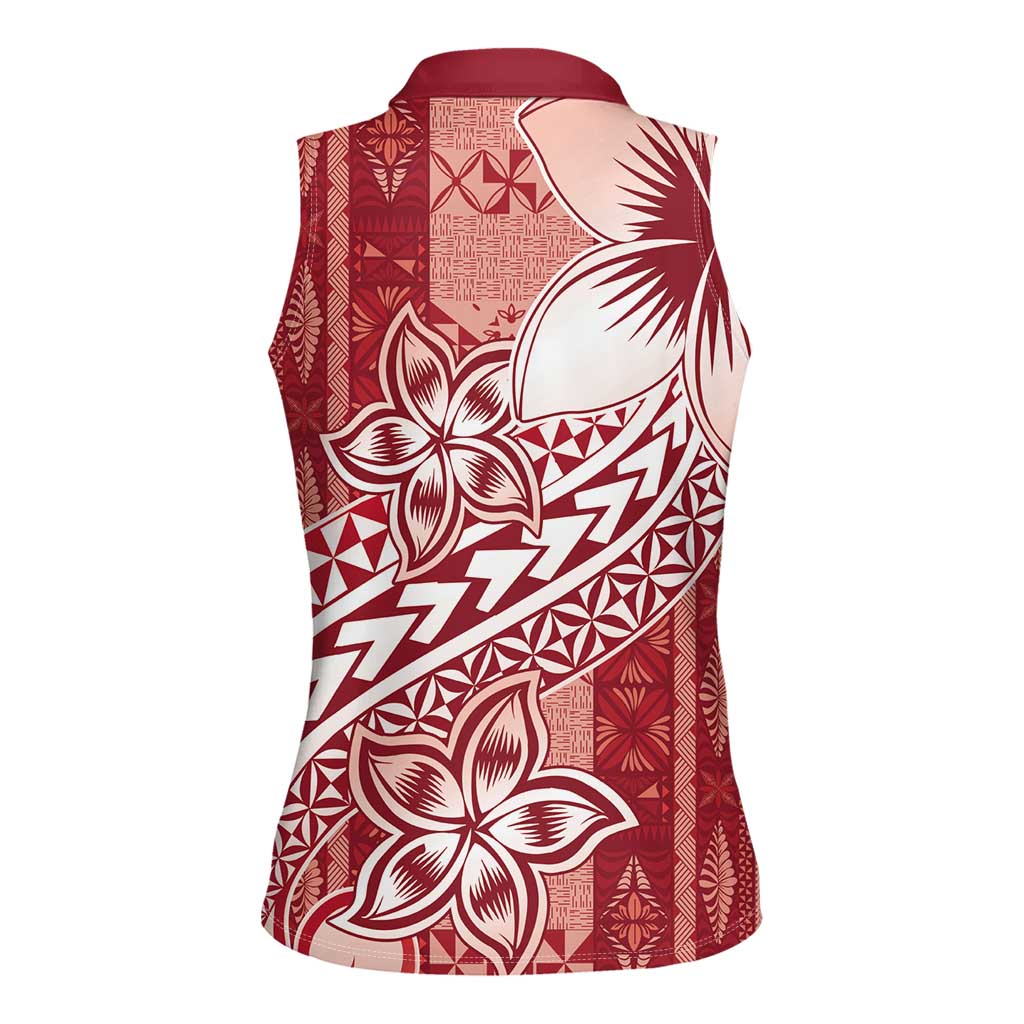 Tonga Kupesi Ngatu Women Sleeveless Polo Shirt Vintage Red Plumeria LT05 - Polynesian Pride