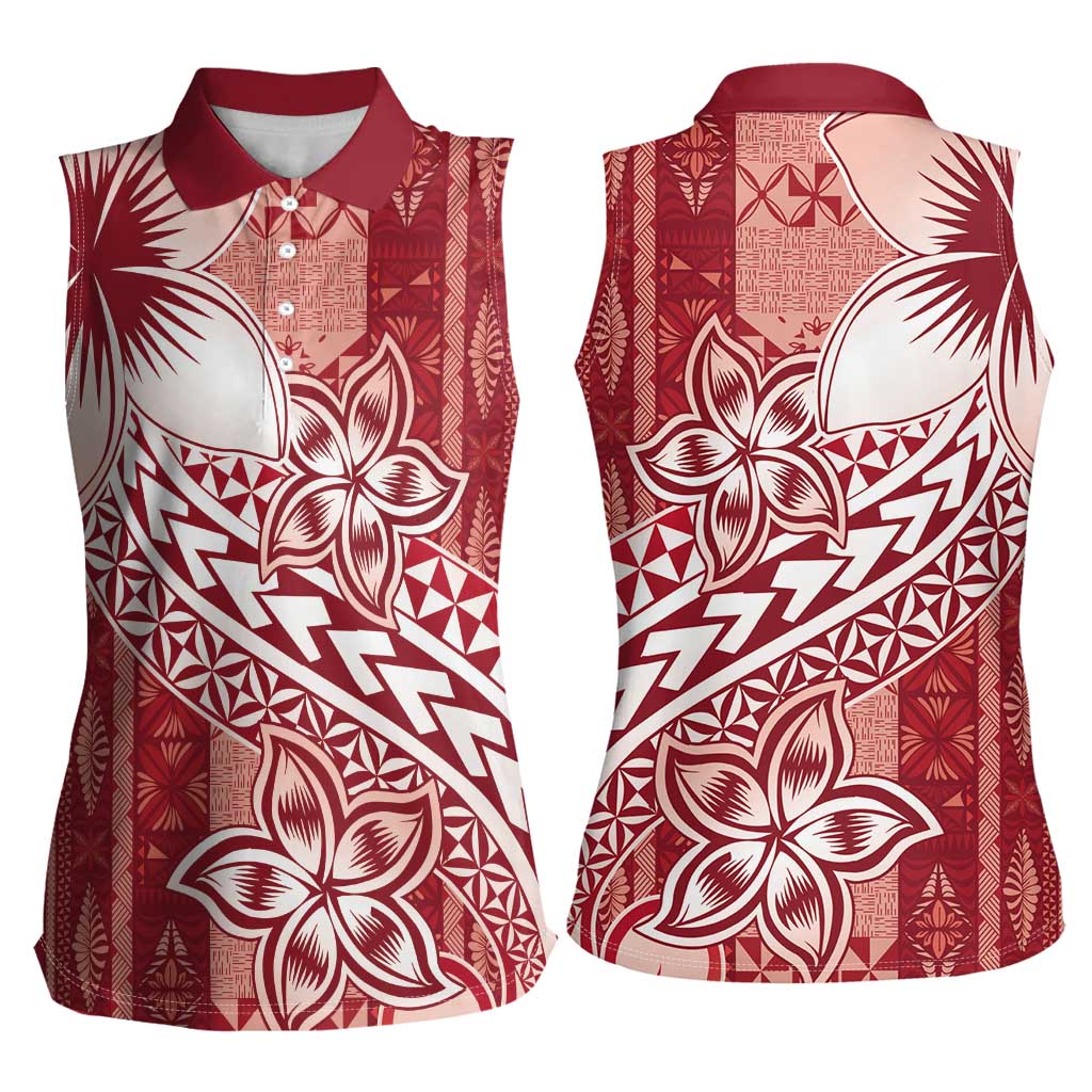 Tonga Kupesi Ngatu Women Sleeveless Polo Shirt Vintage Red Plumeria LT05 - Polynesian Pride