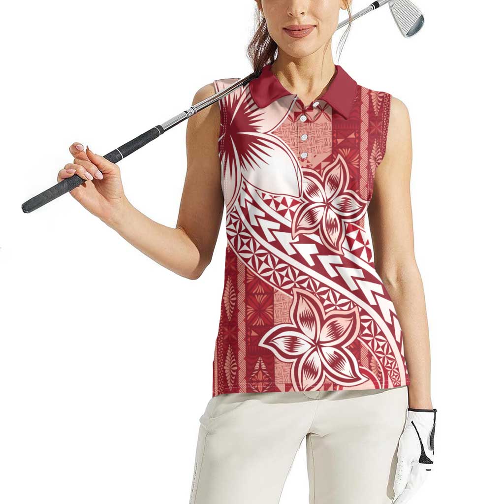 Tonga Kupesi Ngatu Women Sleeveless Polo Shirt Vintage Red Plumeria LT05 - Polynesian Pride