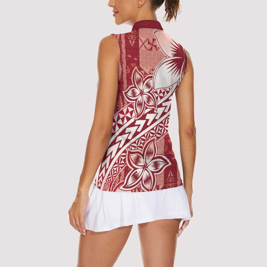 Tonga Kupesi Ngatu Women Sleeveless Polo Shirt Vintage Red Plumeria LT05 - Polynesian Pride