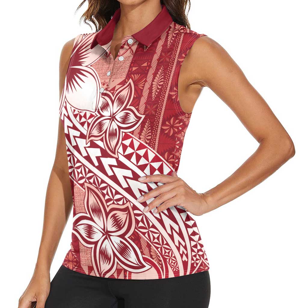 Tonga Kupesi Ngatu Women Sleeveless Polo Shirt Vintage Red Plumeria LT05 - Polynesian Pride