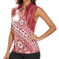 Tonga Kupesi Ngatu Women Sleeveless Polo Shirt Vintage Red Plumeria LT05 - Polynesian Pride