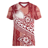 Tonga Kupesi Ngatu Women V-Neck T-Shirt Vintage Red Plumeria LT05 Female Red - Polynesian Pride