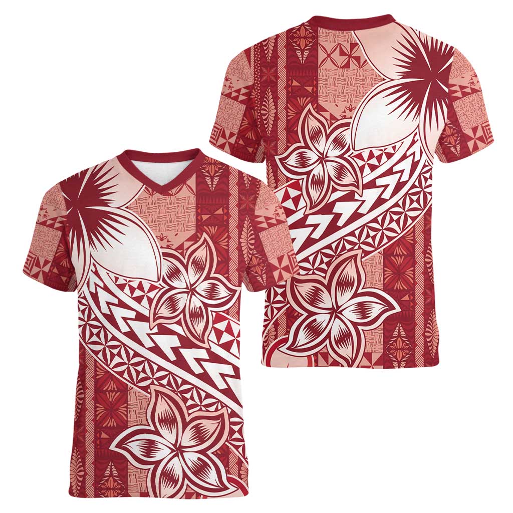 Tonga Kupesi Ngatu Women V-Neck T-Shirt Vintage Red Plumeria LT05 - Polynesian Pride