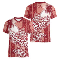 Tonga Kupesi Ngatu Women V-Neck T-Shirt Vintage Red Plumeria LT05 - Polynesian Pride