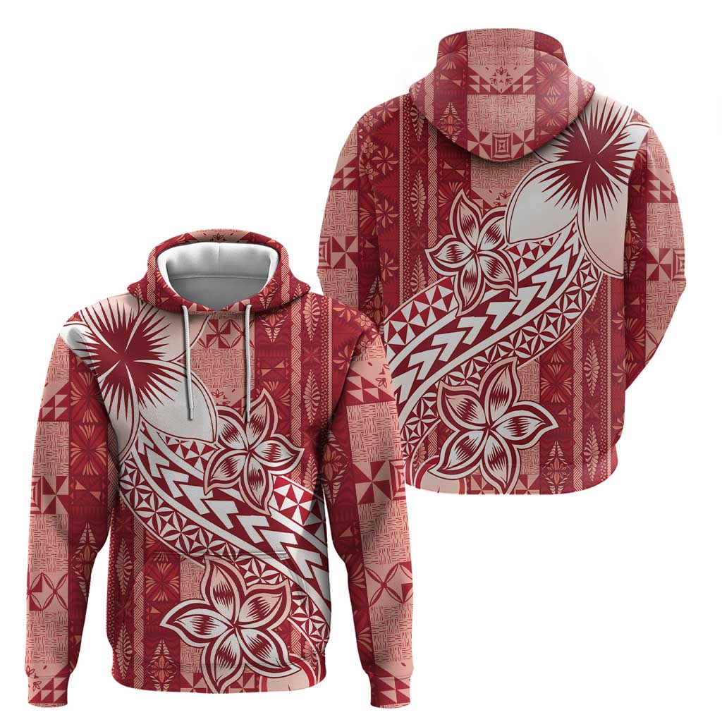 Tonga Kupesi Ngatu Zip Hoodie Vintage Red Plumeria