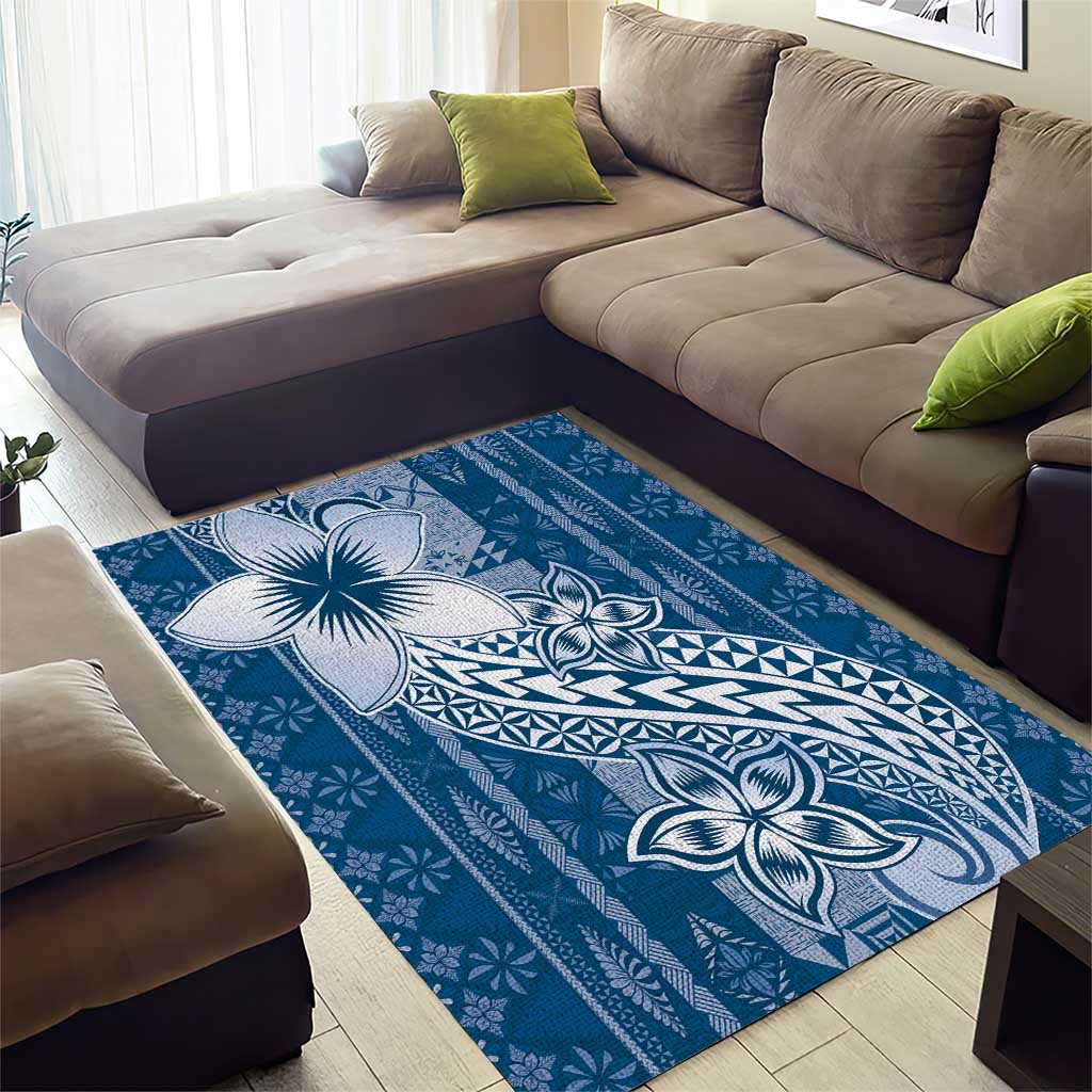 Tonga Kupesi Ngatu Area Rug Vintage Blue Plumeria