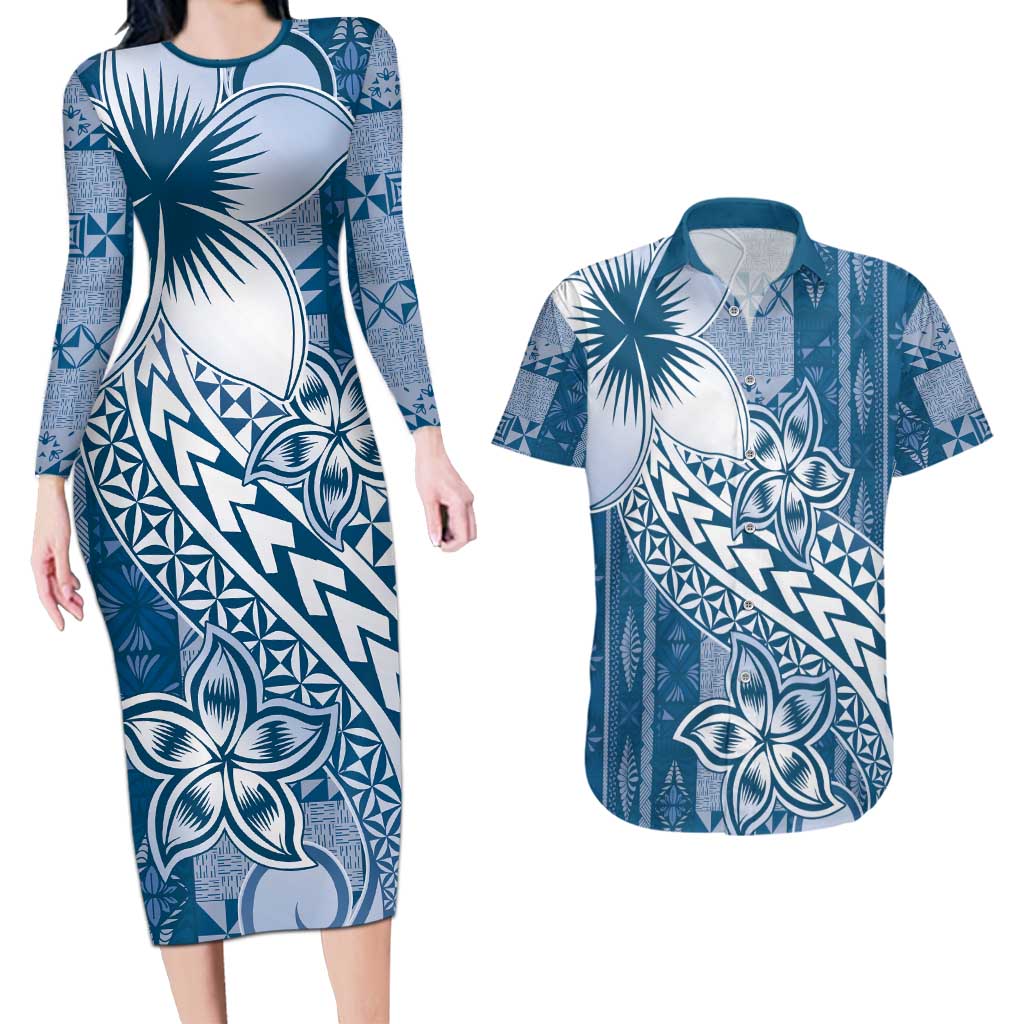 Tonga Kupesi Ngatu Couples Matching Long Sleeve Bodycon Dress and Hawaiian Shirt Vintage Blue Plumeria LT05 Blue - Polynesian Pride