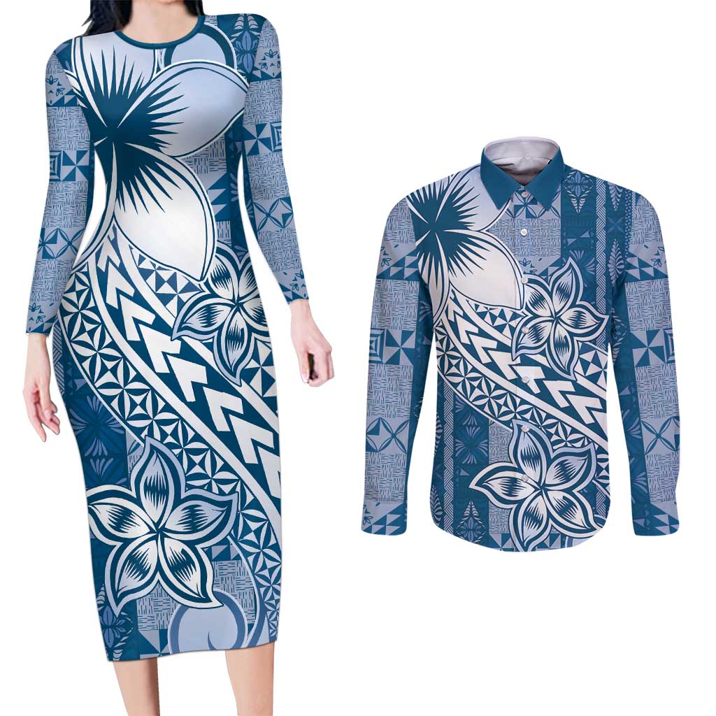 Tonga Kupesi Ngatu Couples Matching Long Sleeve Bodycon Dress and Long Sleeve Button Shirt Vintage Blue Plumeria LT05 Blue - Polynesian Pride