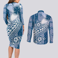 Tonga Kupesi Ngatu Couples Matching Long Sleeve Bodycon Dress and Long Sleeve Button Shirt Vintage Blue Plumeria LT05 - Polynesian Pride