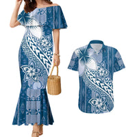Tonga Kupesi Ngatu Couples Matching Mermaid Dress and Hawaiian Shirt Vintage Blue Plumeria LT05 Blue - Polynesian Pride