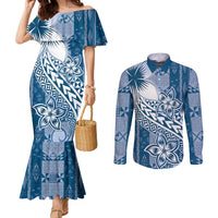 Tonga Kupesi Ngatu Couples Matching Mermaid Dress and Long Sleeve Button Shirt Vintage Blue Plumeria LT05 Blue - Polynesian Pride