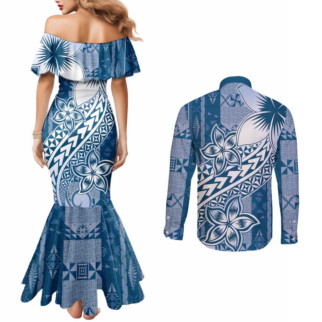 Tonga Kupesi Ngatu Couples Matching Mermaid Dress and Long Sleeve Button Shirt Vintage Blue Plumeria LT05 - Polynesian Pride