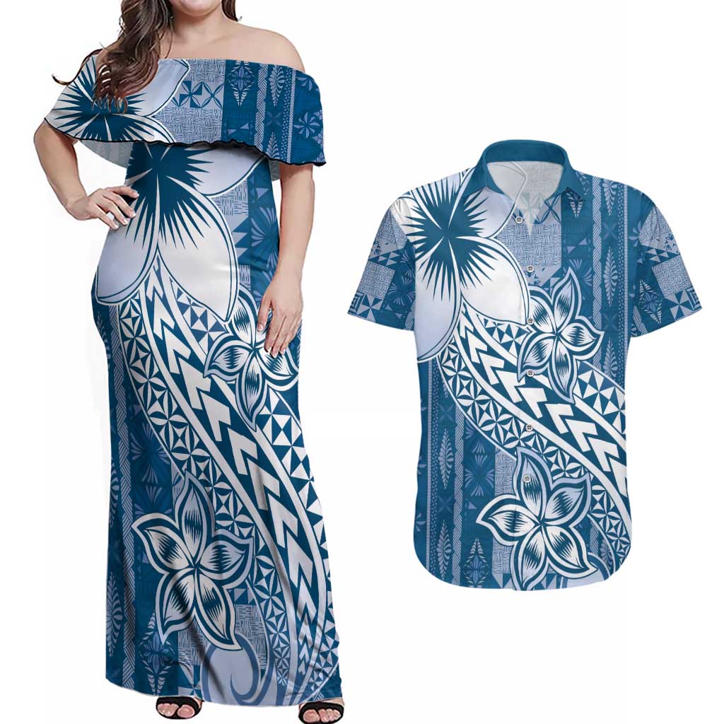 Tonga Kupesi Ngatu Couples Matching Off Shoulder Maxi Dress and Hawaiian Shirt Vintage Blue Plumeria LT05 Blue - Polynesian Pride