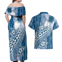Tonga Kupesi Ngatu Couples Matching Off Shoulder Maxi Dress and Hawaiian Shirt Vintage Blue Plumeria LT05 - Polynesian Pride