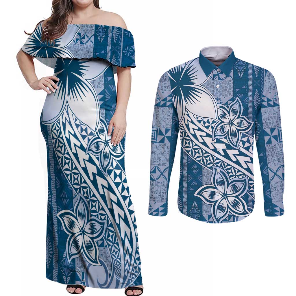 Tonga Kupesi Ngatu Couples Matching Off Shoulder Maxi Dress and Long Sleeve Button Shirt Vintage Blue Plumeria LT05 Blue - Polynesian Pride