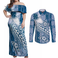 Tonga Kupesi Ngatu Couples Matching Off Shoulder Maxi Dress and Long Sleeve Button Shirt Vintage Blue Plumeria LT05 Blue - Polynesian Pride