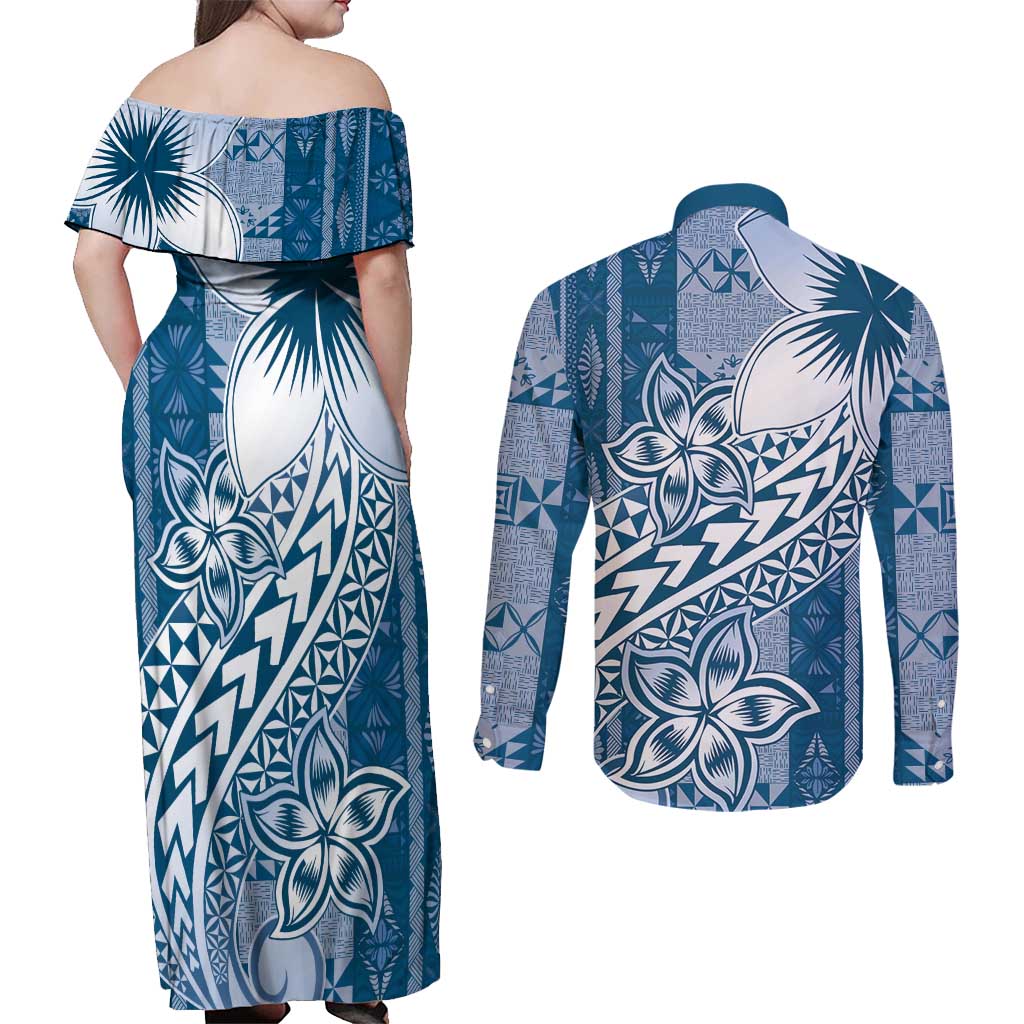 Tonga Kupesi Ngatu Couples Matching Off Shoulder Maxi Dress and Long Sleeve Button Shirt Vintage Blue Plumeria LT05 - Polynesian Pride