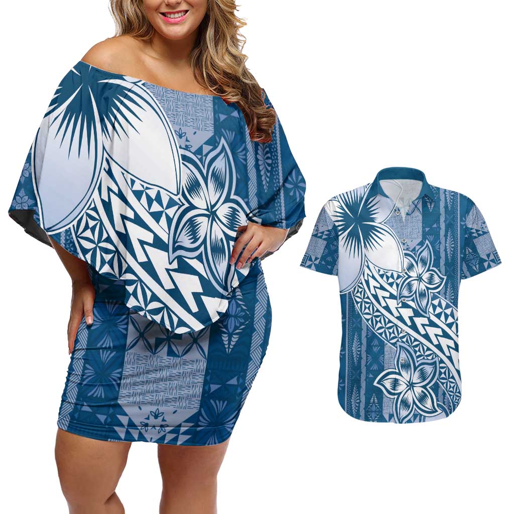 Tonga Kupesi Ngatu Couples Matching Off Shoulder Short Dress and Hawaiian Shirt Vintage Blue Plumeria LT05 Blue - Polynesian Pride
