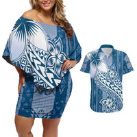 Tonga Kupesi Ngatu Couples Matching Off Shoulder Short Dress and Hawaiian Shirt Vintage Blue Plumeria LT05 Blue - Polynesian Pride
