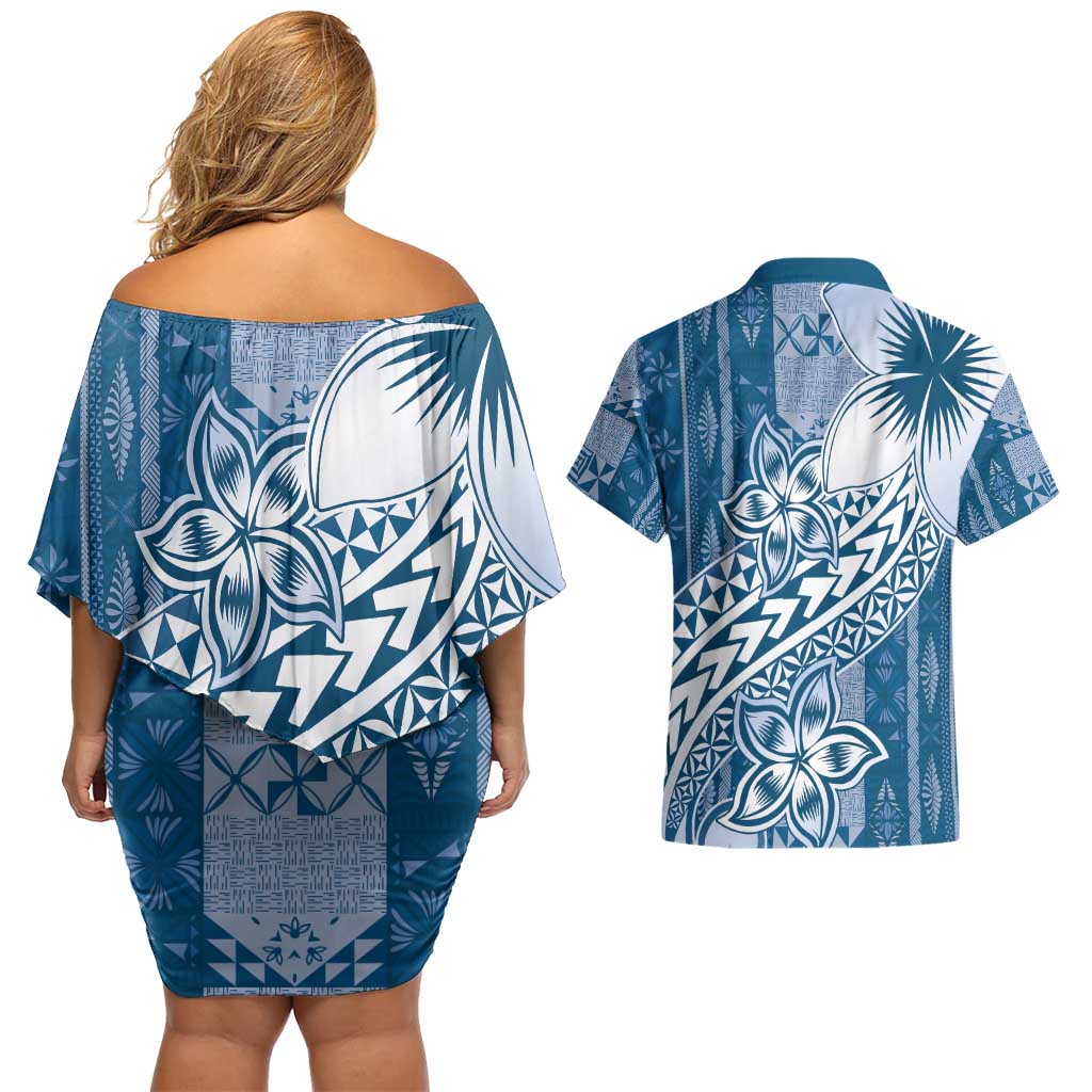 Tonga Kupesi Ngatu Couples Matching Off Shoulder Short Dress and Hawaiian Shirt Vintage Blue Plumeria LT05 - Polynesian Pride