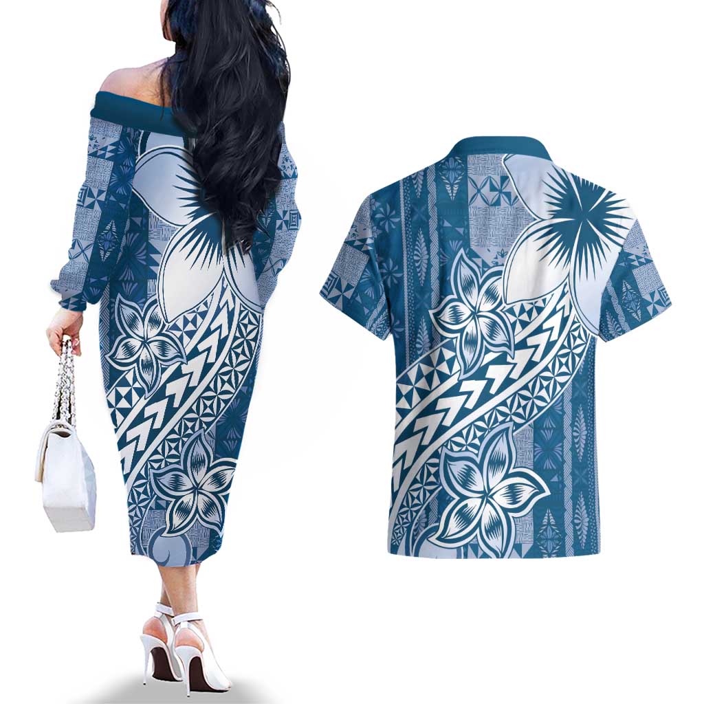 Tonga Kupesi Ngatu Couples Matching Off The Shoulder Long Sleeve Dress and Hawaiian Shirt Vintage Blue Plumeria LT05 - Polynesian Pride