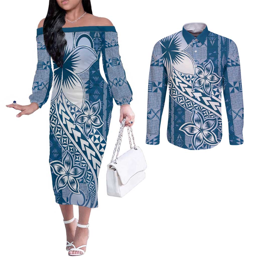 Tonga Kupesi Ngatu Couples Matching Off The Shoulder Long Sleeve Dress and Long Sleeve Button Shirt Vintage Blue Plumeria LT05 Blue - Polynesian Pride