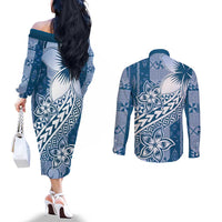 Tonga Kupesi Ngatu Couples Matching Off The Shoulder Long Sleeve Dress and Long Sleeve Button Shirt Vintage Blue Plumeria LT05 - Polynesian Pride