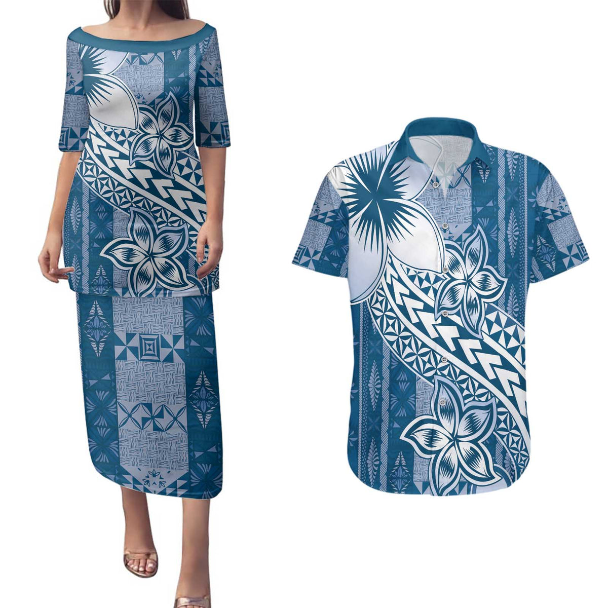 Tonga Kupesi Ngatu Couples Matching Puletasi and Hawaiian Shirt Vintage Blue Plumeria LT05 Blue - Polynesian Pride