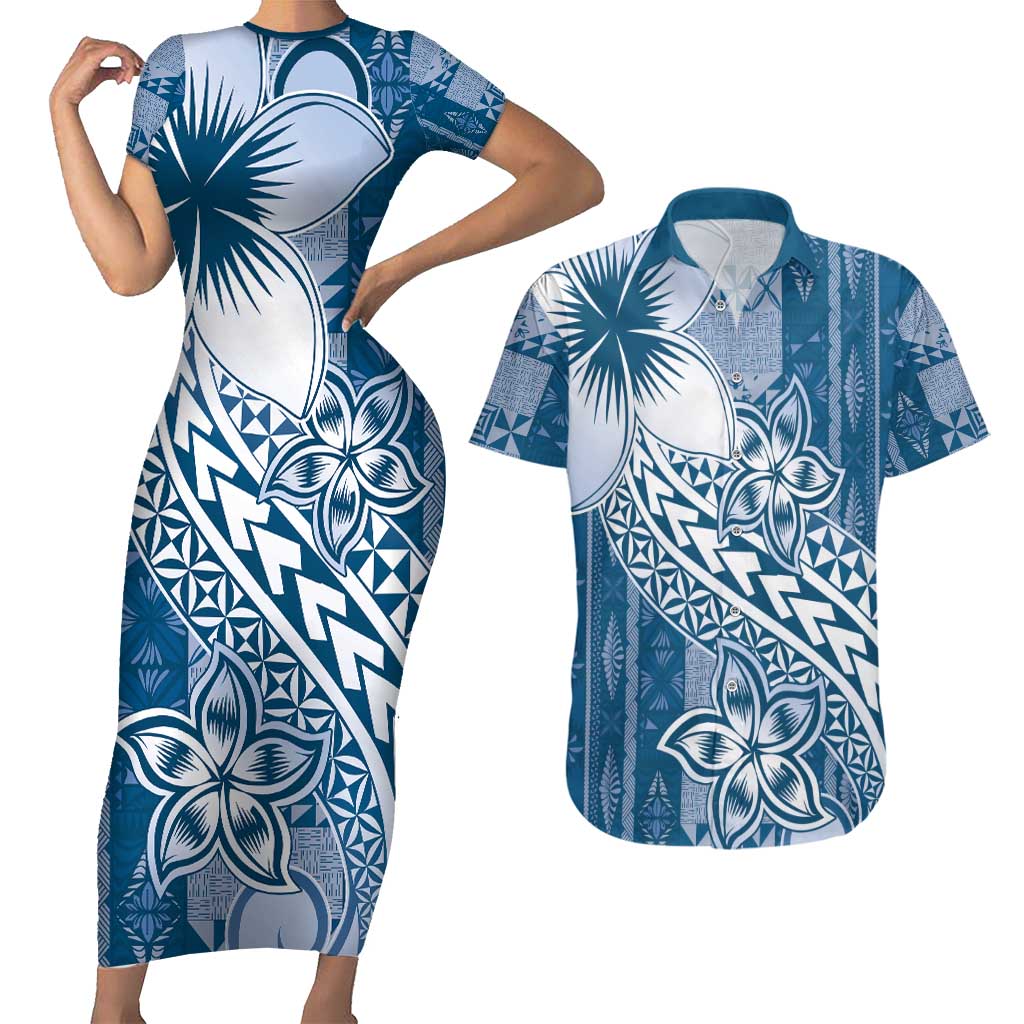Tonga Kupesi Ngatu Couples Matching Short Sleeve Bodycon Dress and Hawaiian Shirt Vintage Blue Plumeria LT05 Blue - Polynesian Pride