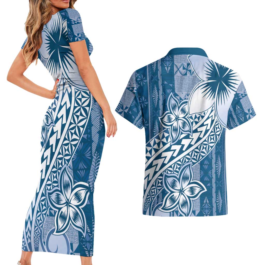 Tonga Kupesi Ngatu Couples Matching Short Sleeve Bodycon Dress and Hawaiian Shirt Vintage Blue Plumeria LT05 - Polynesian Pride