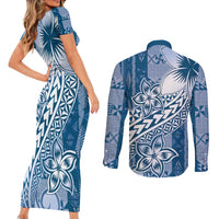 Tonga Kupesi Ngatu Couples Matching Short Sleeve Bodycon Dress and Long Sleeve Button Shirt Vintage Blue Plumeria LT05 - Polynesian Pride