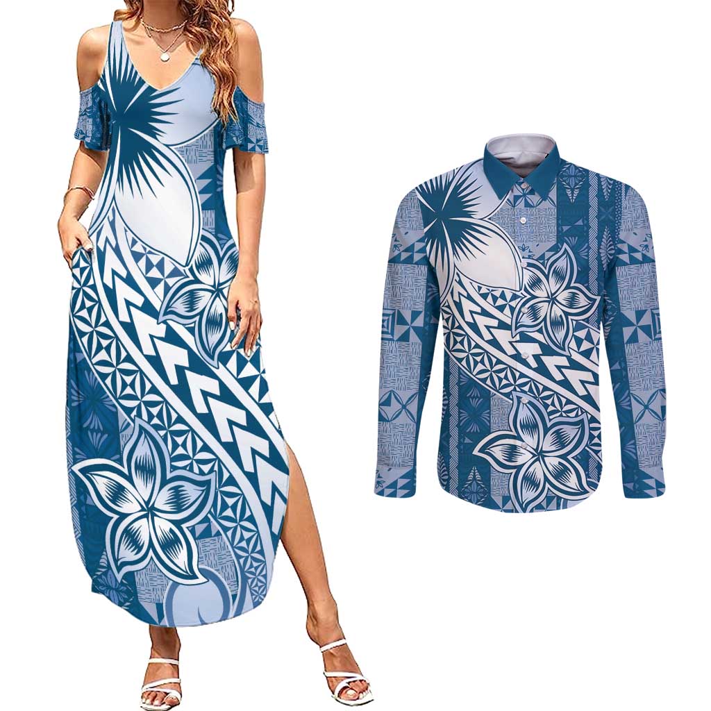Tonga Kupesi Ngatu Couples Matching Summer Maxi Dress and Long Sleeve Button Shirt Vintage Blue Plumeria LT05 Blue - Polynesian Pride