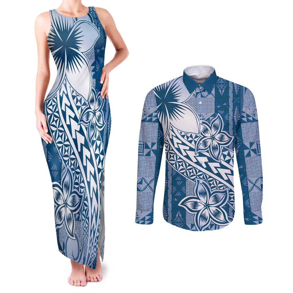 Tonga Kupesi Ngatu Couples Matching Tank Maxi Dress and Long Sleeve Button Shirt Vintage Blue Plumeria LT05 Blue - Polynesian Pride