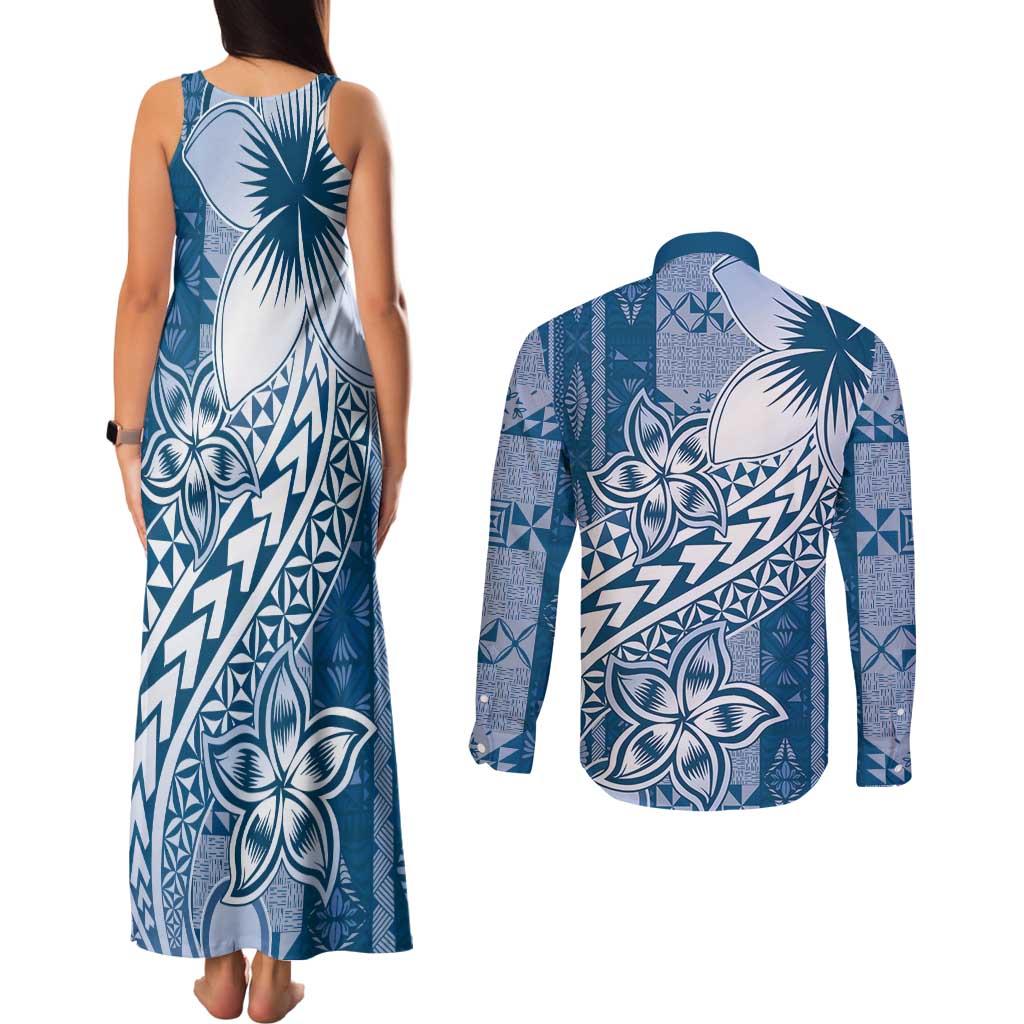 Tonga Kupesi Ngatu Couples Matching Tank Maxi Dress and Long Sleeve Button Shirt Vintage Blue Plumeria LT05 - Polynesian Pride