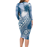 Tonga Kupesi Ngatu Family Matching Long Sleeve Bodycon Dress and Hawaiian Shirt Vintage Blue Plumeria LT05 - Polynesian Pride