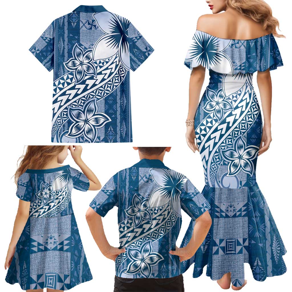 Tonga Kupesi Ngatu Family Matching Mermaid Dress and Hawaiian Shirt Vintage Blue Plumeria LT05 - Polynesian Pride