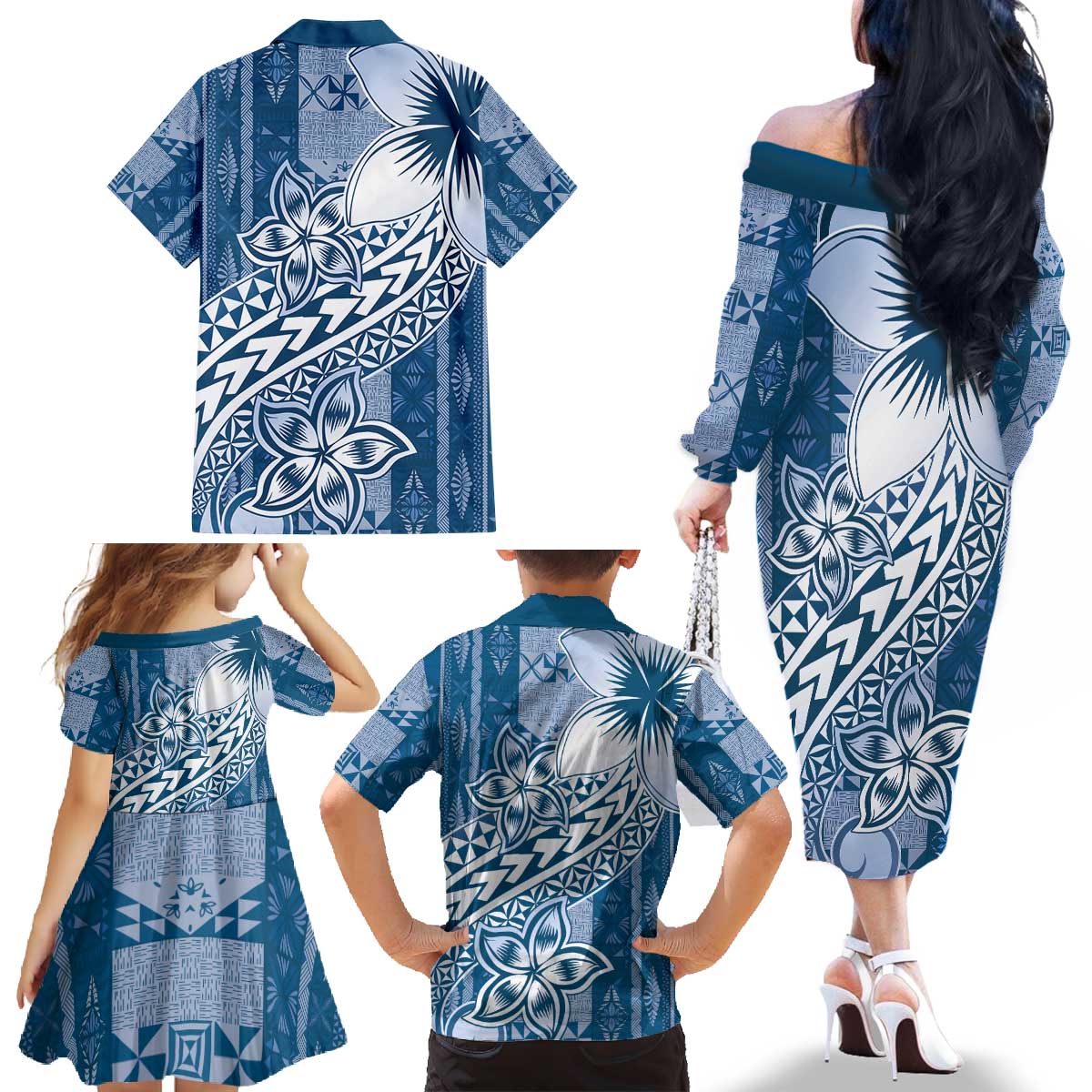 Tonga Kupesi Ngatu Family Matching Off The Shoulder Long Sleeve Dress and Hawaiian Shirt Vintage Blue Plumeria LT05 - Polynesian Pride