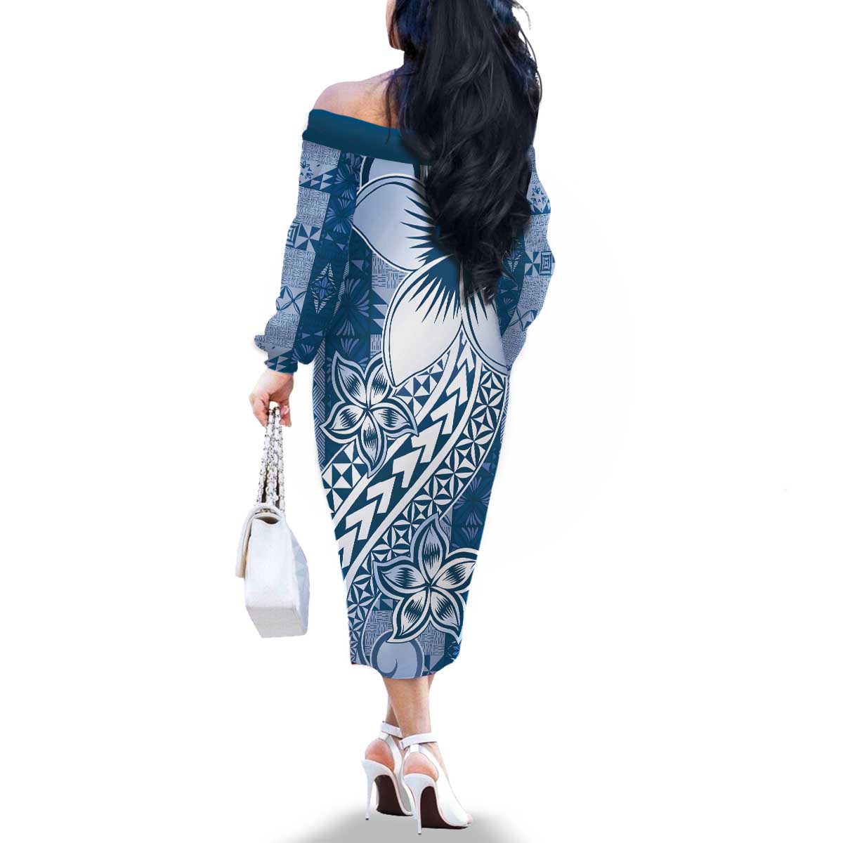Tonga Kupesi Ngatu Family Matching Off The Shoulder Long Sleeve Dress and Hawaiian Shirt Vintage Blue Plumeria LT05 - Polynesian Pride