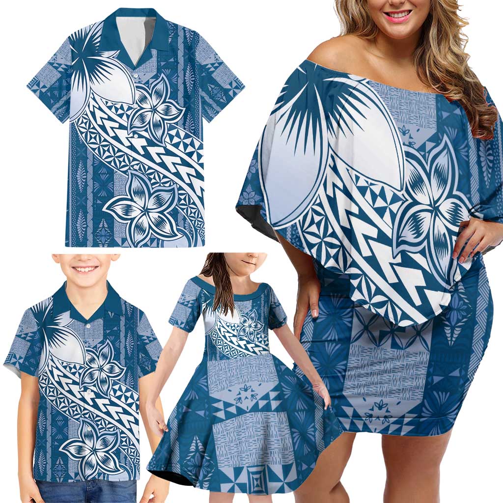 Tonga Kupesi Ngatu Family Matching Off Shoulder Short Dress and Hawaiian Shirt Vintage Blue Plumeria LT05 - Polynesian Pride