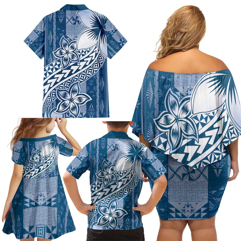 Tonga Kupesi Ngatu Family Matching Off Shoulder Short Dress and Hawaiian Shirt Vintage Blue Plumeria LT05 - Polynesian Pride